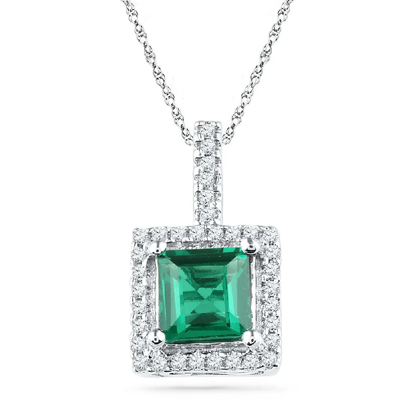 Ridge-set necklace-10kt White Gold Womens Cushion Lab-Created Emerald Solitaire & Diamond Pendant 1-3/8 Cttw