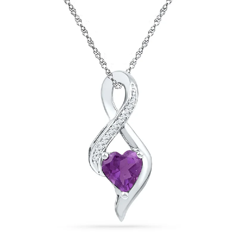 Speckled stone necklace-10kt White Gold Womens Lab-Created Amethyst Heart Solitaire Infinity Pendant 1/20 Cttw