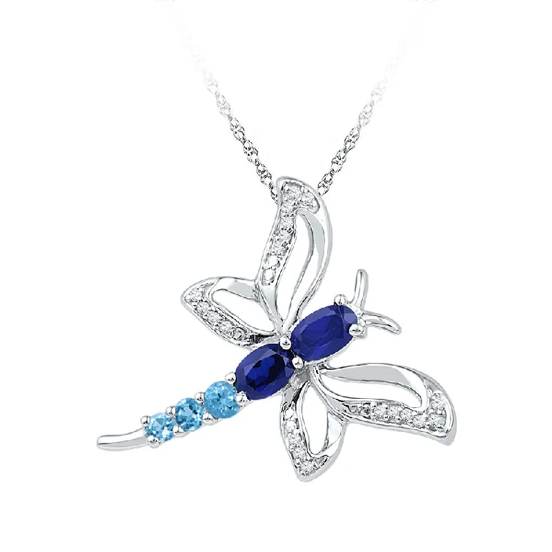 Five-heart necklace-10kt White Gold Womens Oval Lab-Created Blue Sapphire Butterfly Bug Pendant 7/8 Cttw