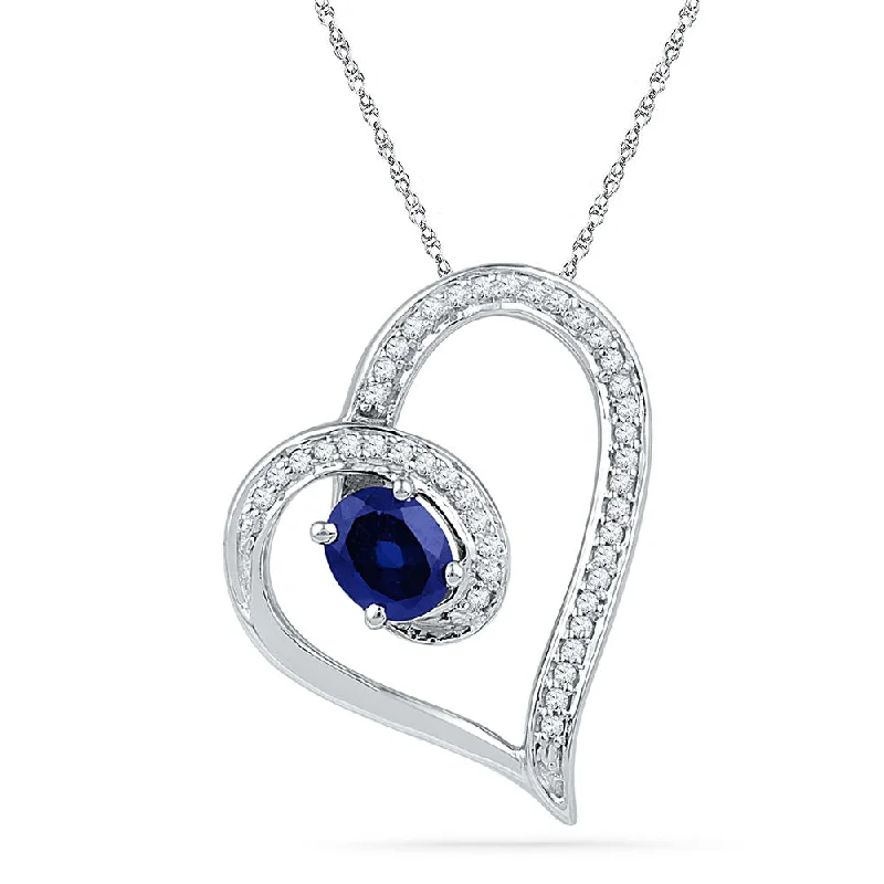 Braided necklace-10kt White Gold Womens Oval Lab-Created Blue Sapphire Heart Outline Pendant 3/4 Cttw