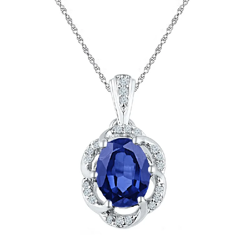 Glimmering gem necklace-10kt White Gold Womens Oval Lab-Created Blue Sapphire Solitaire Diamond Pendant 1-3/4 Cttw