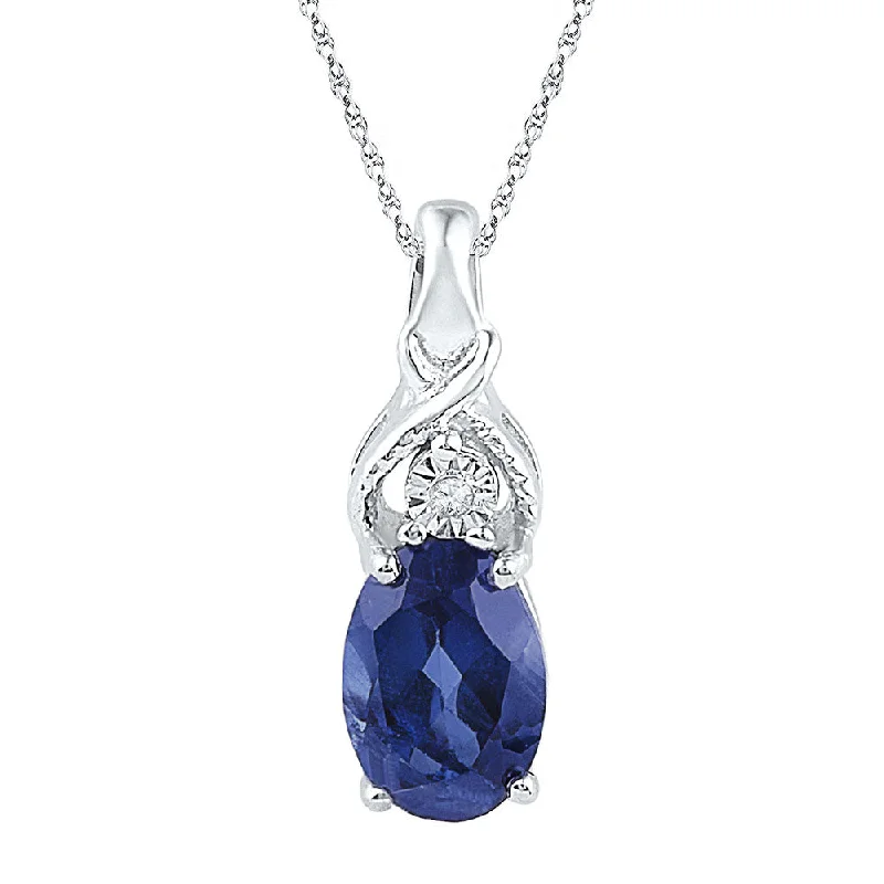 Patterned glaze necklace-10kt White Gold Womens Oval Lab-Created Blue Sapphire Solitaire Diamond Pendant 7/8 Cttw