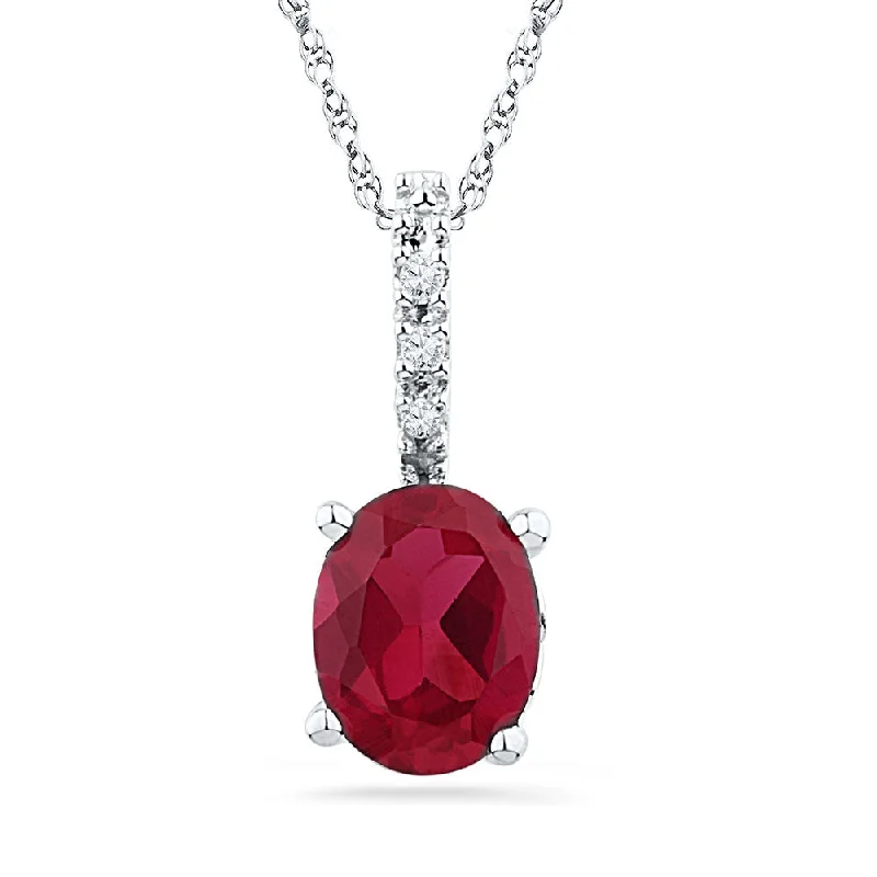 Retro topaz necklace-10kt White Gold Womens Oval Lab-Created Ruby Solitaire Diamond Pendant 1 Cttw