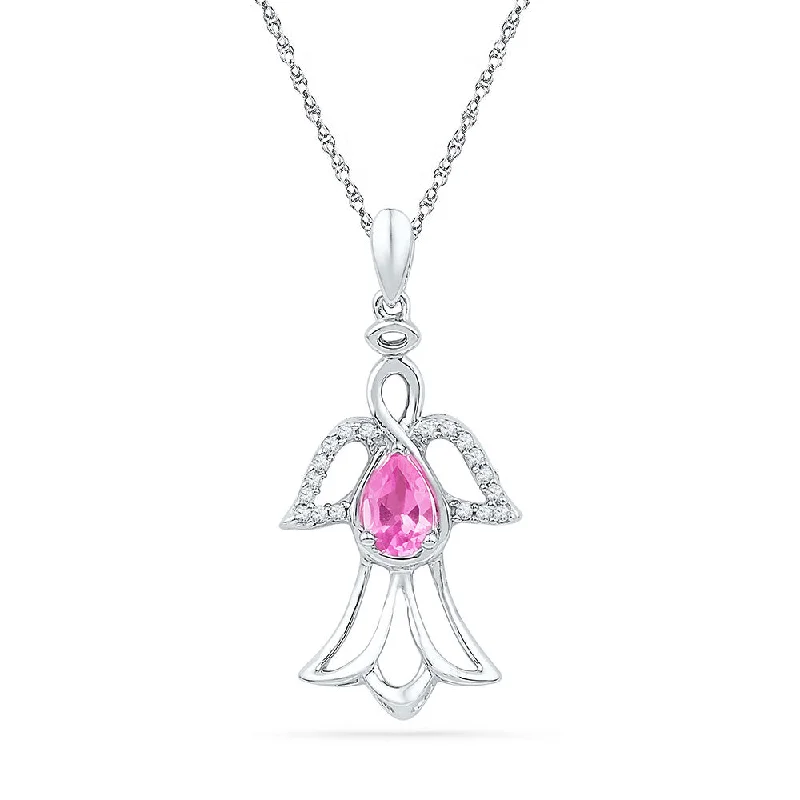 Lush garnet necklace-10kt White Gold Womens Pear Lab-Created Pink Sapphire Angel Pendant 5/8 Cttw