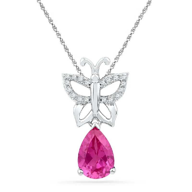 Wild pearl necklace-10kt White Gold Womens Pear Lab-Created Pink Sapphire Butterfly Bug Pendant 2-3/4 Cttw