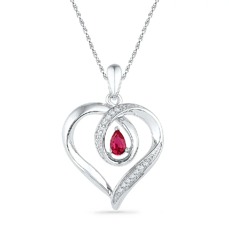 Glowing citrine necklace-10kt White Gold Womens Pear Lab-Created Ruby Diamond Heart Pendant 1/20 Cttw