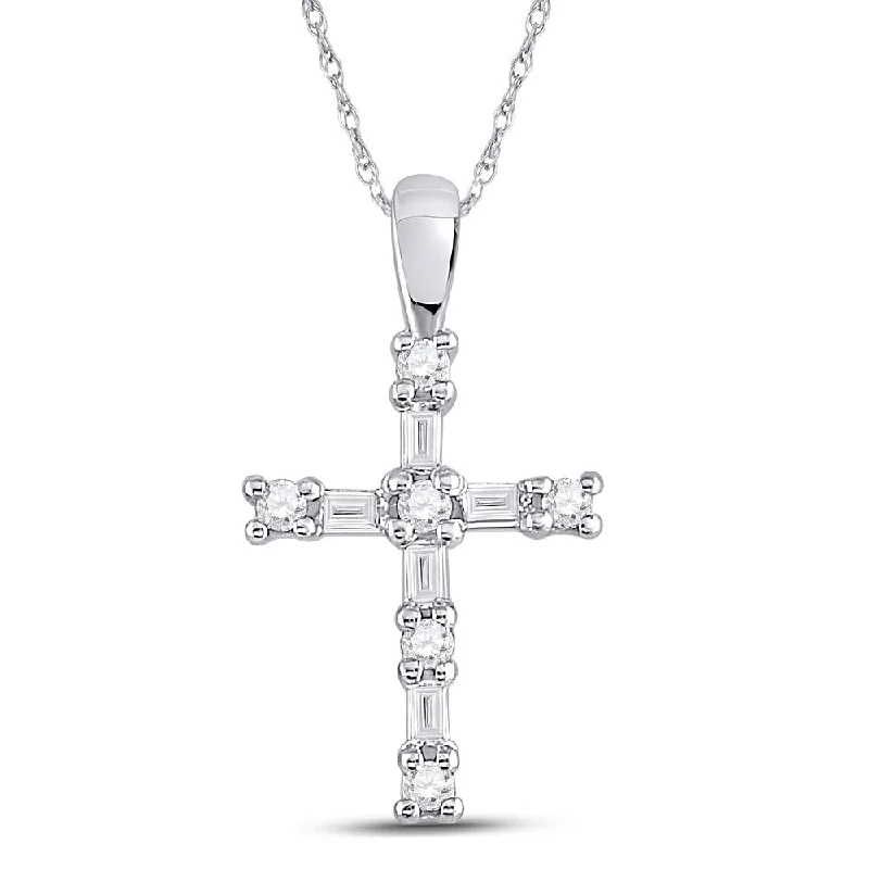 Fine-cut necklace-10kt White Gold Womens Round Baguette Diamond Cross Pendant 1/4 Cttw