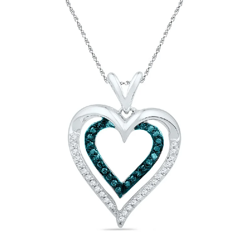 Etched chain necklace-10kt White Gold Womens Round Blue Color Enhanced Diamond Heart Pendant 1/4 Cttw