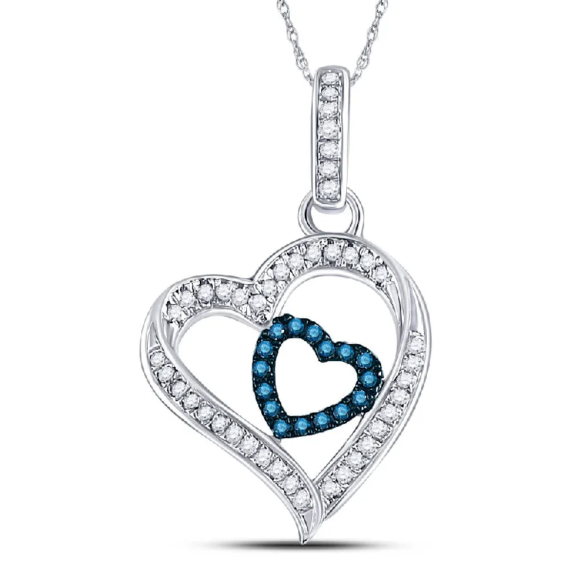 Retro topaz necklace-10kt White Gold Womens Round Blue Color Enhanced Diamond Nested Heart Pendant 1/6 Cttw