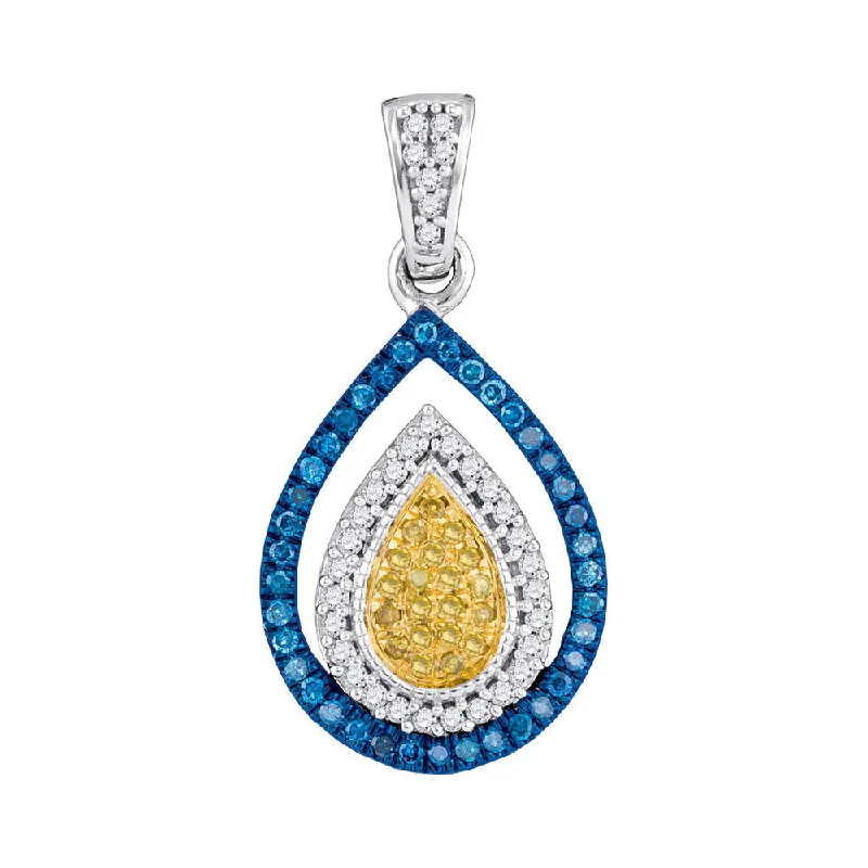 Rounded stone necklace-10kt White Gold Womens Round Blue Color Enhanced Diamond Teardrop Pendant 1/4 Cttw