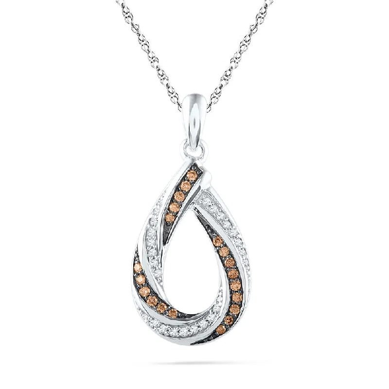 Shimmering stone necklace-10kt White Gold Womens Round Brown Diamond Teardrop Stripe Pendant 1/4 Cttw