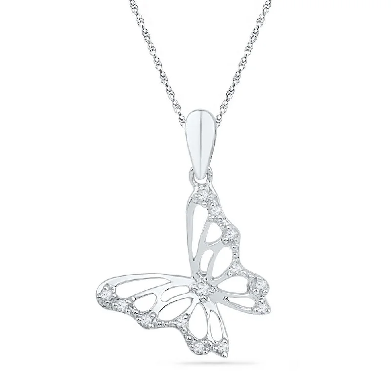 Radiant silver necklace-10kt White Gold Womens Round Diamond Butterfly Bug Pendant 1/20 Cttw