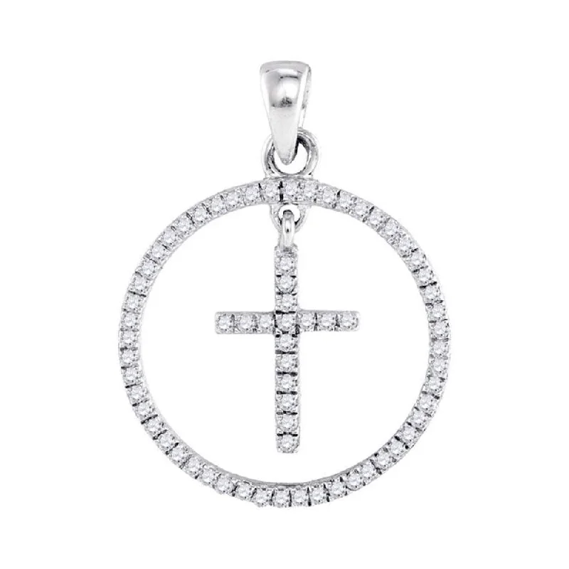 Flowing arc necklace-10kt White Gold Womens Round Diamond Circle Cross Pendant 1/4 Cttw