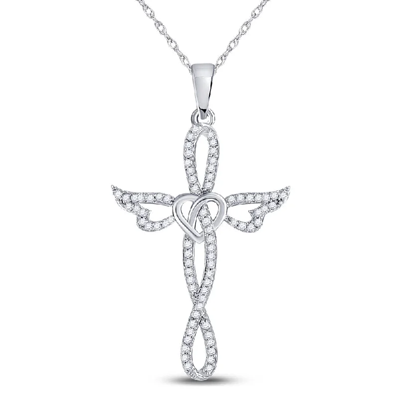 Radiant zircon necklace-10kt White Gold Womens Round Diamond Cross Heart Winged Pendant 1/5 Cttw