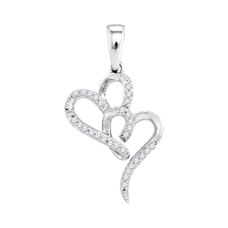 Dainty filigree necklace-10kt White Gold Womens Round Diamond Double Heart Pendant 1/10 Cttw