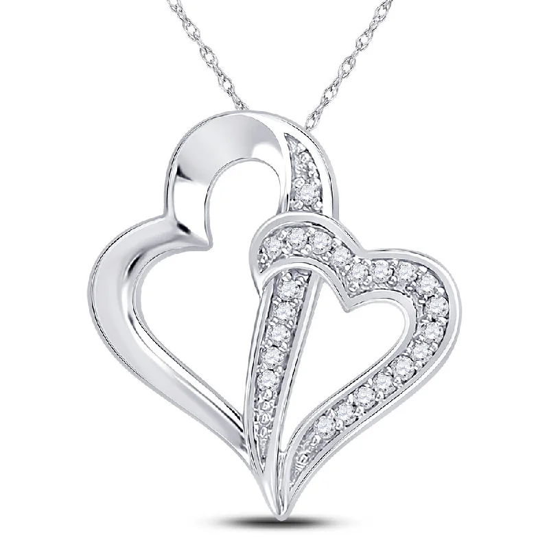 Night moon necklace-10kt White Gold Womens Round Diamond Double Linked Heart Pendant 1/20 Cttw