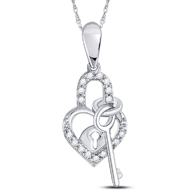 Ridge-set necklace-10kt White Gold Womens Round Diamond Heart Lock Key Dangle Pendant 1/10 Cttw