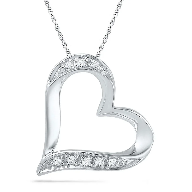 Flexible stone necklace-10kt White Gold Womens Round Diamond Heart Outline Pendant .03 Cttw