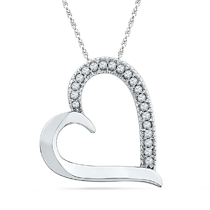 Subtle-carved necklace-10kt White Gold Womens Round Diamond Heart Outline Pendant 1/10 Cttw