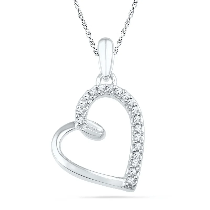 Tesselated chain necklace-10kt White Gold Womens Round Diamond Heart Outline Pendant 1/10 Cttw