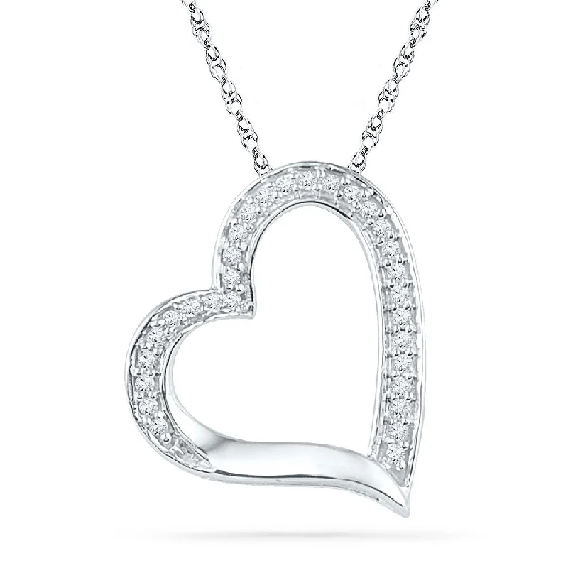 Natural garnet necklace-10kt White Gold Womens Round Diamond Heart Outline Pendant 1/8 Cttw