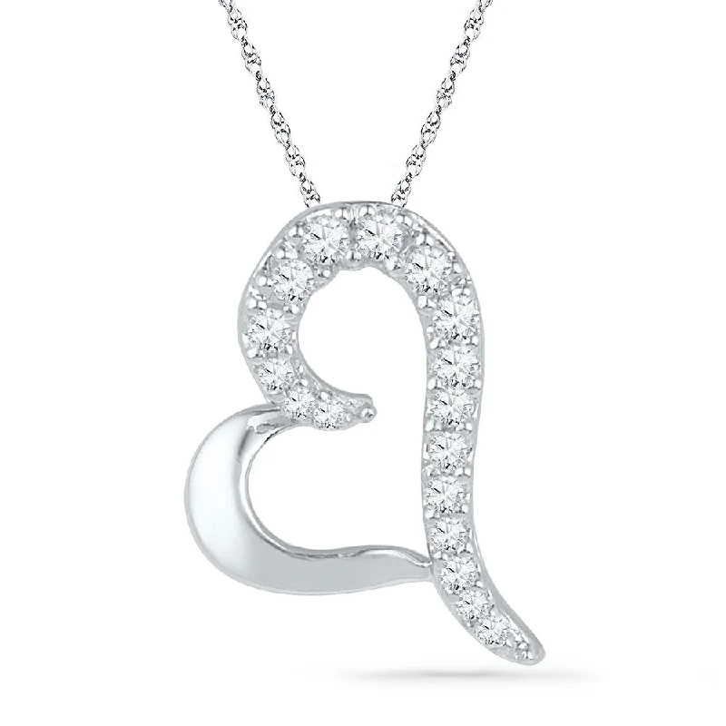 Radiant zircon necklace-10kt White Gold Womens Round Diamond Heart Pendant 1/12 Cttw