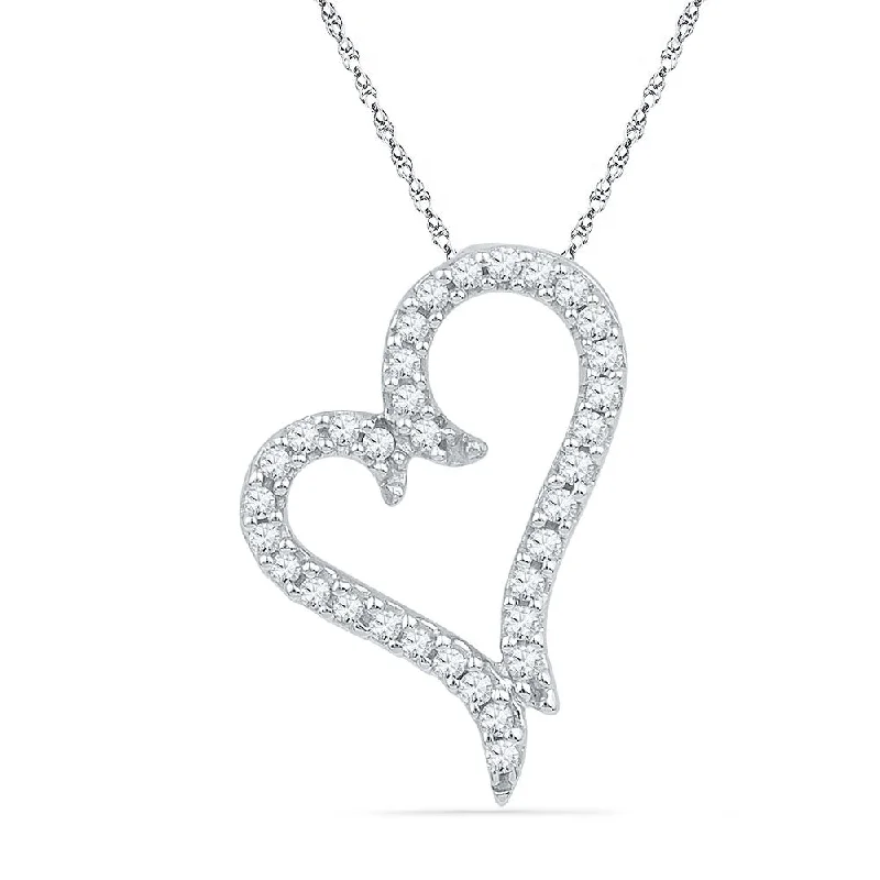 Dainty filigree necklace-10kt White Gold Womens Round Diamond Heart Pendant 1/5 Cttw