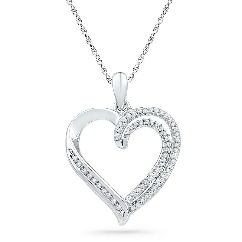 Clasped gem necklace-10kt White Gold Womens Round Diamond Open-center Heart Pendant 1/4 Cttw