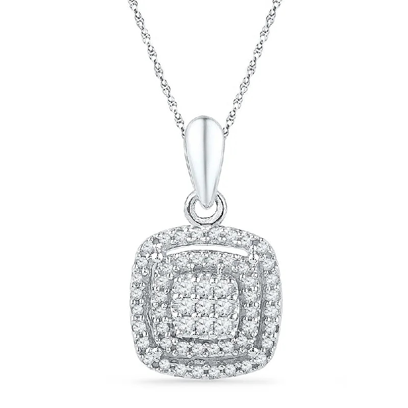 Ruffled rim necklace-10kt White Gold Womens Round Diamond Square Frame Cluster Pendant 1/4 Cttw