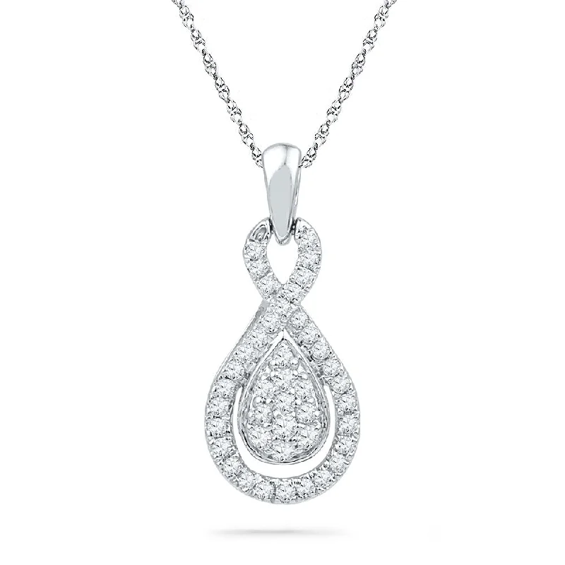 Grooved rim necklace-10kt White Gold Womens Round Diamond Teardrop Cluster Pendant 1/3 Cttw