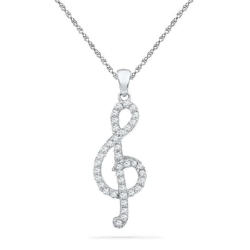 Faint silver necklace-10kt White Gold Womens Round Diamond Treble Clef Music Pendant 1/3 Cttw