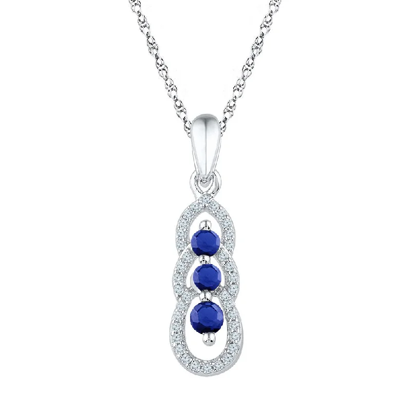 Stout link necklace-10kt White Gold Womens Round Lab-Created Blue Sapphire 3-stone Pendant 1/2 Cttw