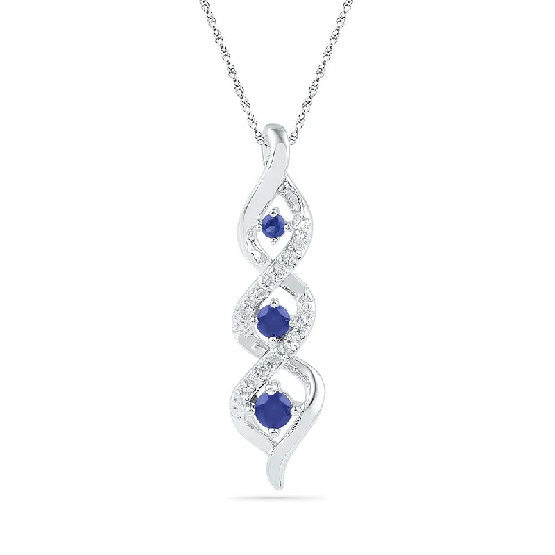 Lush moonstone necklace-10kt White Gold Womens Round Lab-Created Blue Sapphire Cascading 3-stone Pendant 1/3 Cttw