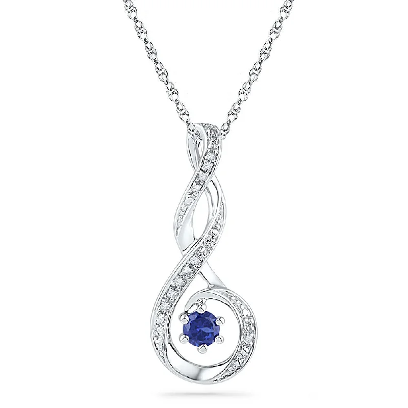 Swirled design necklace-10kt White Gold Womens Round Lab-Created Blue Sapphire Diamond Teardrop Pendant .03 Cttw