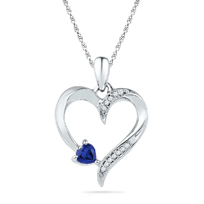 Horizon-cut necklace-10kt White Gold Womens Round Lab-Created Blue Sapphire Heart Pendant 1/20 Cttw