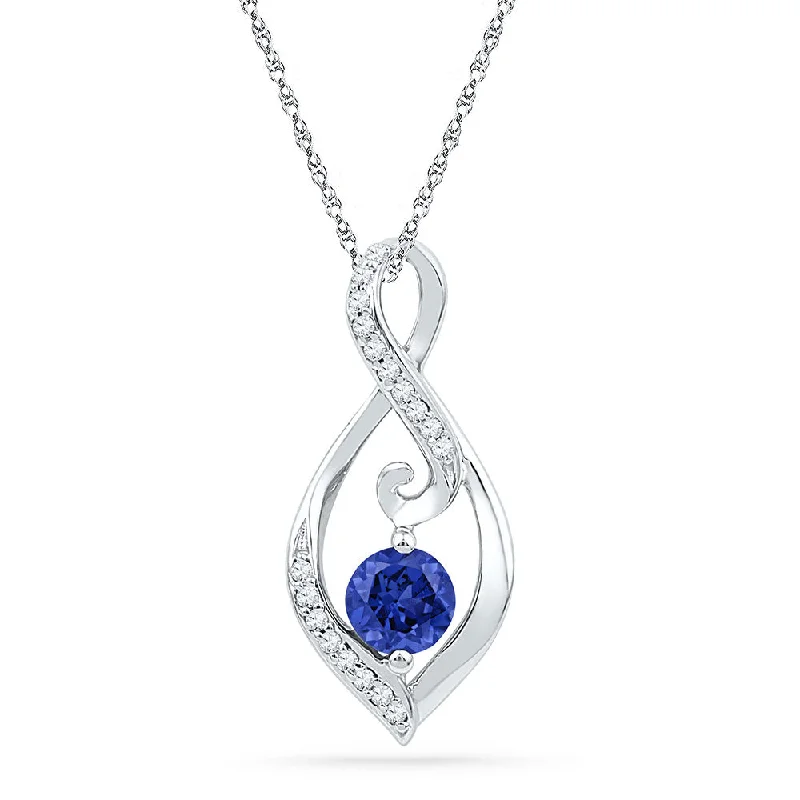 Crafted gold necklace-10kt White Gold Womens Round Lab-Created Blue Sapphire Solitaire Diamond Pendant 1/10 Cttw