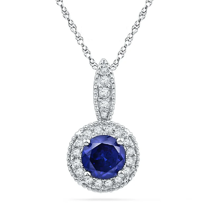 Gentle wave necklace-10kt White Gold Womens Round Lab-Created Blue Sapphire Solitaire Diamond Pendant 1/6 Cttw