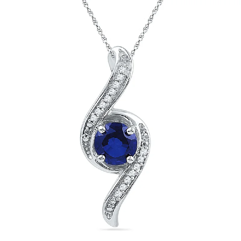 Radiant zircon necklace-10kt White Gold Womens Round Lab-Created Blue Sapphire Solitaire Diamond Pendant 1 Cttw