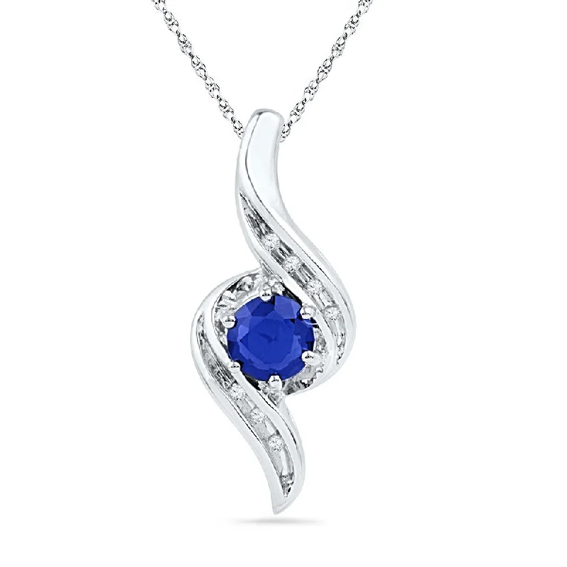 Rounded stone necklace-10kt White Gold Womens Round Lab-Created Blue Sapphire Solitaire Diamond Pendant 3/4 Cttw