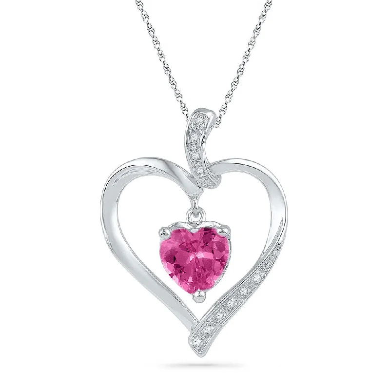 Pure pearl necklace-10kt White Gold Womens Round Lab-Created Pink Sapphire Heart Pendant 1-3/4 Cttw