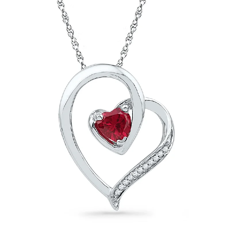 Pure stone necklace-10kt White Gold Womens Round Lab-Created Ruby Heart Pendant .03 Cttw