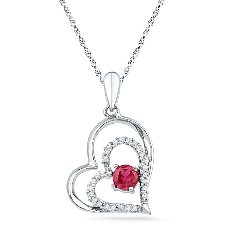 Retro topaz necklace-10kt White Gold Womens Round Lab-Created Ruby Heart Pendant 1/2 Cttw