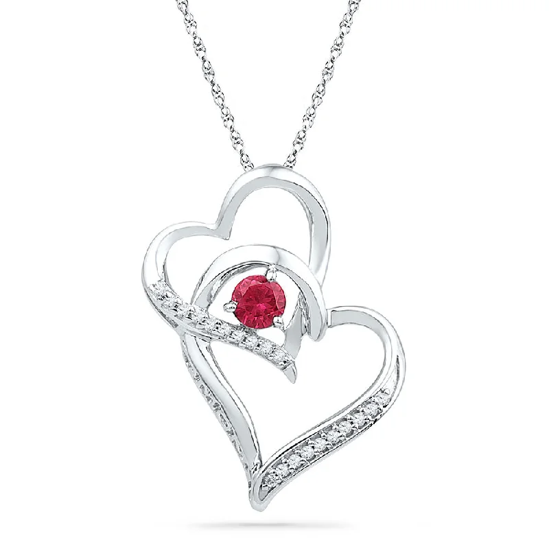 Crafted silver necklace-10kt White Gold Womens Round Lab-Created Ruby Heart Pendant 1/3 Cttw