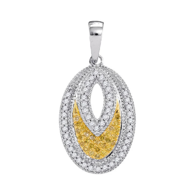 Assorted gem necklace-10kt White Gold Womens Round Yellow Color Enhanced Diamond Oval Milgrain Pendant 1/5 Cttw