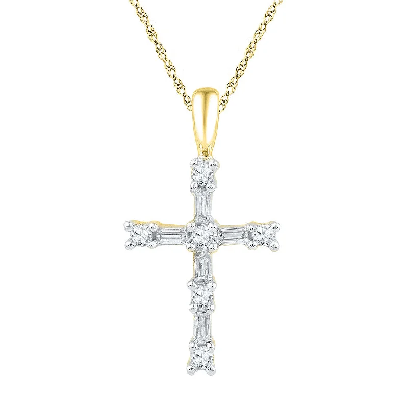 Slack coil necklace-10kt Yellow Gold Womens Round Baguette Diamond Cross Pendant 1/4 Cttw