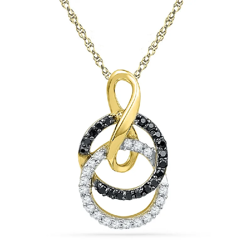 Tesselated chain necklace-10kt Yellow Gold Womens Round Black Color Enhanced Diamond Double Circle Pendant 1/5 Cttw