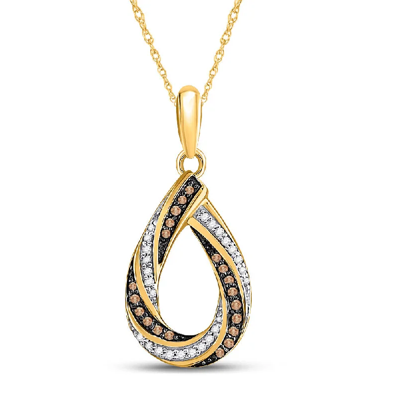 Glossy obsidian necklace-10kt Yellow Gold Womens Round Brown Diamond Teardrop Stripe Pendant 1/4 Cttw