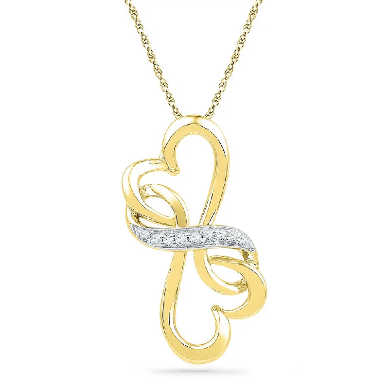 Luminous diamond necklace-10kt Yellow Gold Womens Round Diamond Double Heart Pendant 1/20 Cttw