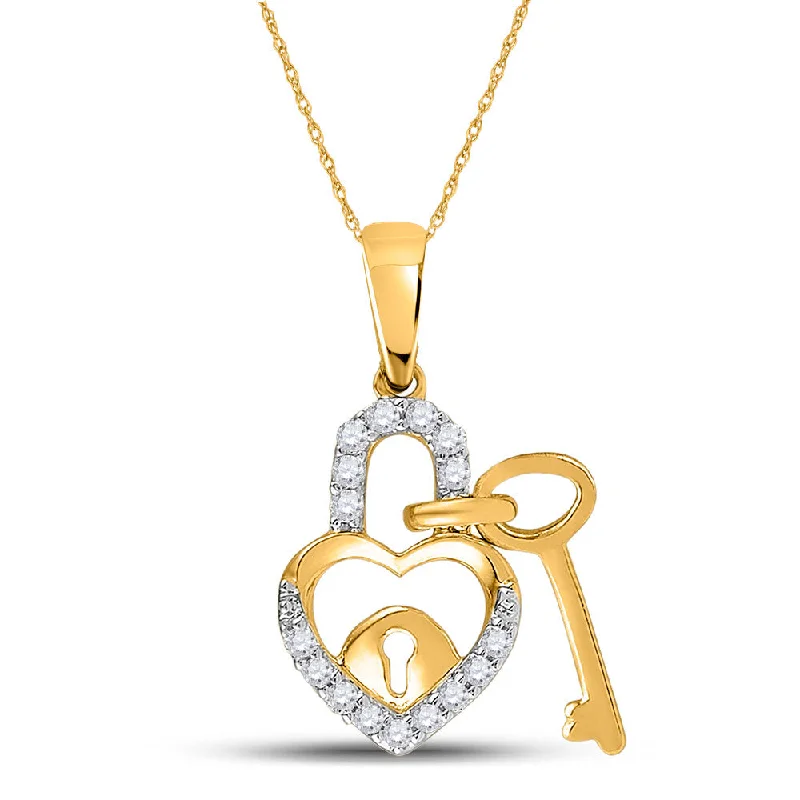 Open-slot necklace-10kt Yellow Gold Womens Round Diamond Heart Lock Key Dangle Pendant 1/10 Cttw