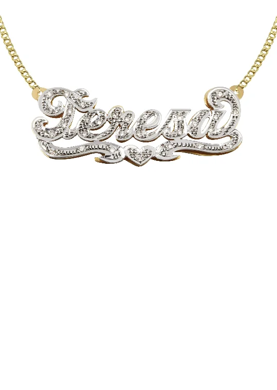 Peaked ridge necklace-14K Gold  Diamond Cut with Diamonds Name Plate Necklace | Style #19